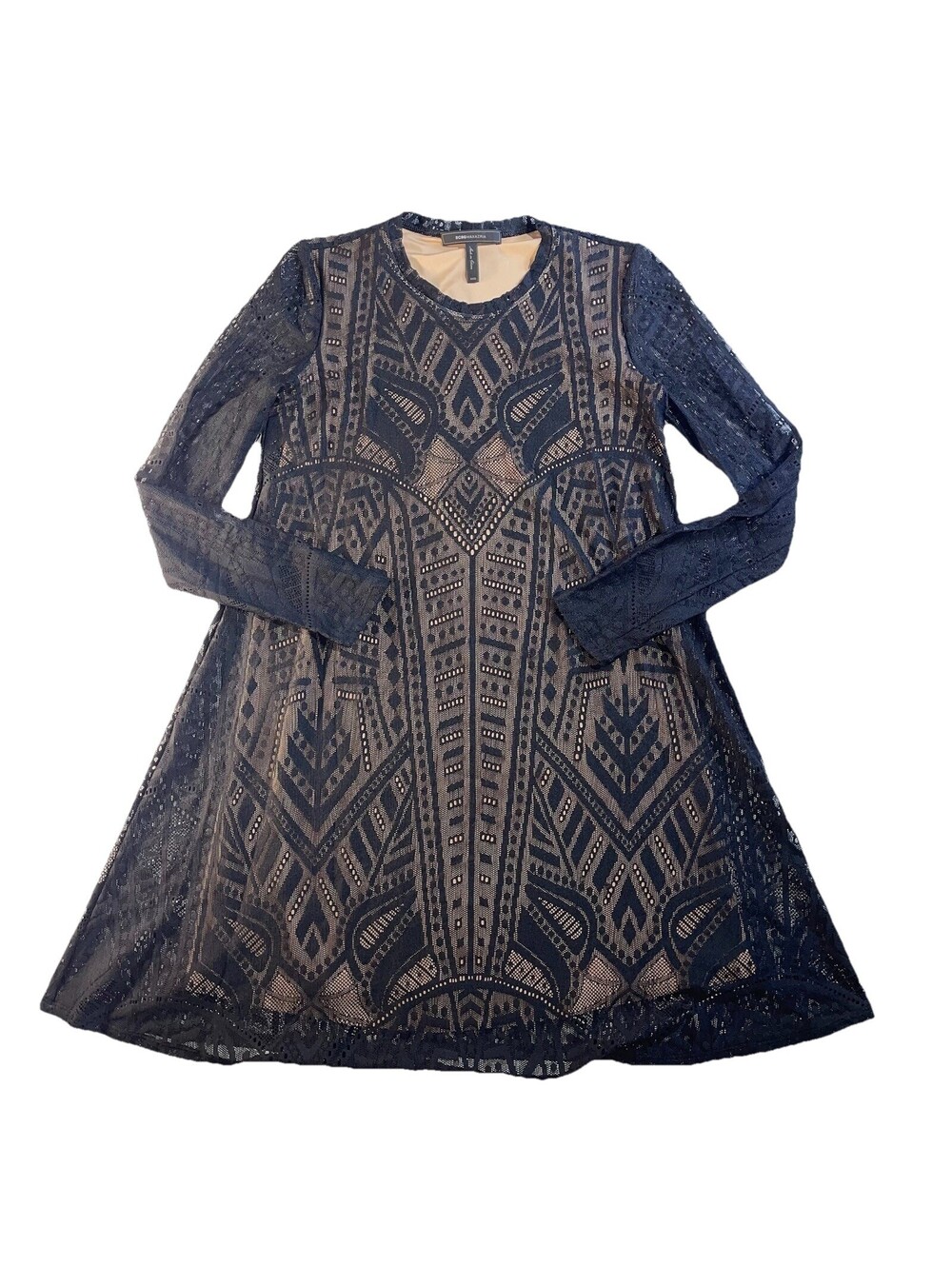 BCBGMAXAZRIA Black Lace Dress XXS Nude Lined Long Sleeve Geometric Fit Flare